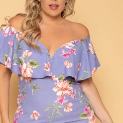 Curvy Sense New Arrivals Plus Size Floral Frill Bodycon Dress - Lavender