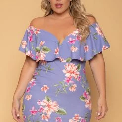 Curvy Sense New Arrivals Plus Size Floral Frill Bodycon Dress - Lavender