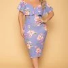 Curvy Sense New Arrivals Plus Size Floral Frill Bodycon Dress - Lavender