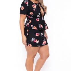 Curvy Sense Dresses Plus Size Floral Peplum Dress - Black 10 Curvy Sense Dresses Plus Size Floral Peplum Dress - Black