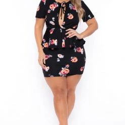 Curvy Sense Dresses Plus Size Floral Peplum Dress - Black
