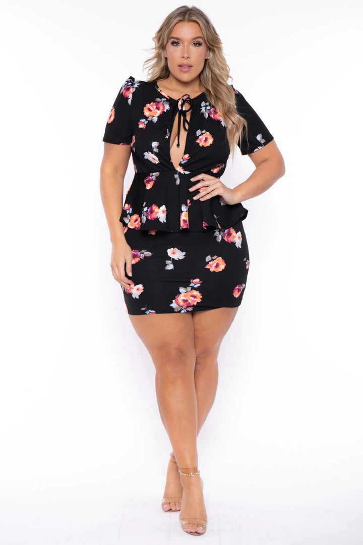 Curvy Sense Dresses Plus Size Floral Peplum Dress - Black 3 Curvy Sense Dresses Plus Size Floral Peplum Dress - Black