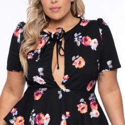 Curvy Sense Dresses Plus Size Floral Peplum Dress - Black 9 Curvy Sense Dresses Plus Size Floral Peplum Dress - Black