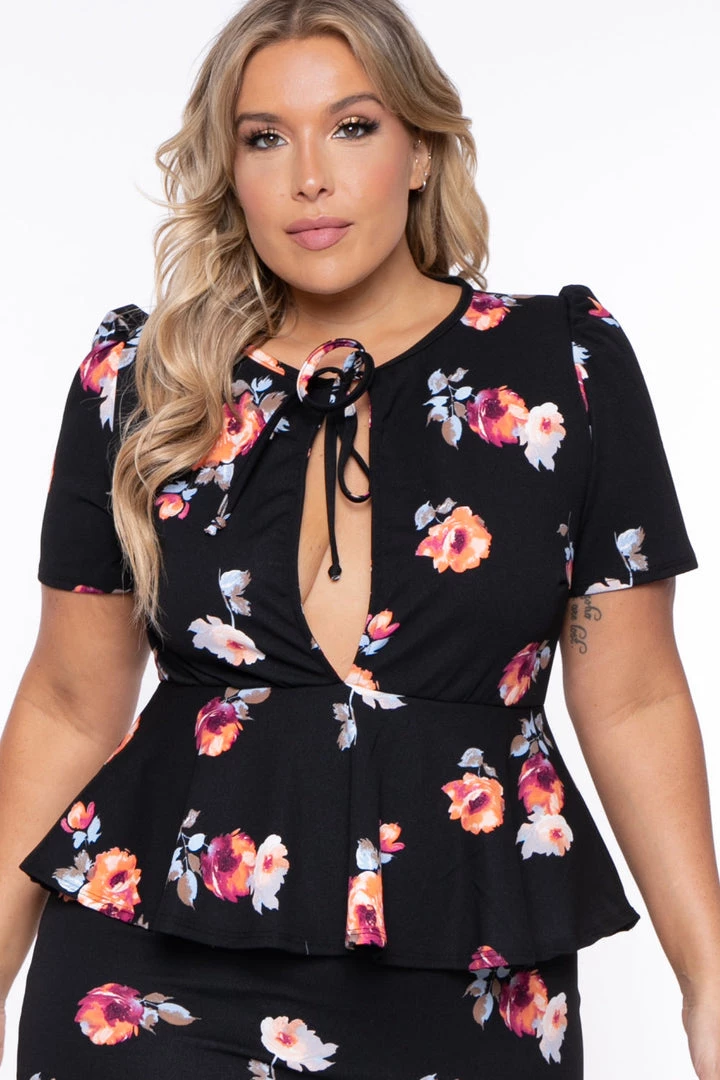 Curvy Sense Dresses Plus Size Floral Peplum Dress - Black 5 Curvy Sense Dresses Plus Size Floral Peplum Dress - Black