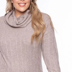 Curvy Sense Plus Size Frances Cowl Neck Faux Cashmere Sweater Dress - Oatmeal Dresses