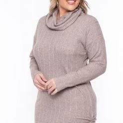 Curvy Sense Plus Size Frances Cowl Neck Faux Cashmere Sweater Dress - Oatmeal Dresses
