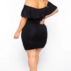 Curvy Sense Plus Size Frill Bodycon Dress - Black