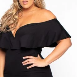 Curvy Sense Plus Size Frill Bodycon Dress - Black