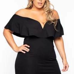 Curvy Sense Plus Size Frill Bodycon Dress - Black