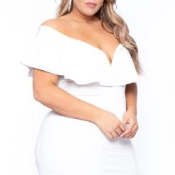 Curvy Sense Plus Size Frill Bodycon Dress - Ivory