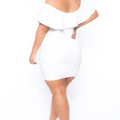 Curvy Sense Plus Size Frill Bodycon Dress - Ivory