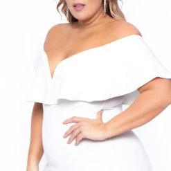 Curvy Sense Plus Size Frill Bodycon Dress - Ivory