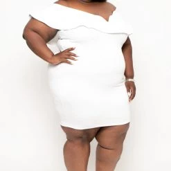 Curvy Sense Plus Size Frill Bodycon Dress - Ivory