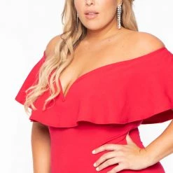 Curvy Sense Plus Size Frill Bodycon Dress - Red Back In Stock