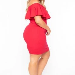 Curvy Sense Plus Size Frill Bodycon Dress - Red Back In Stock