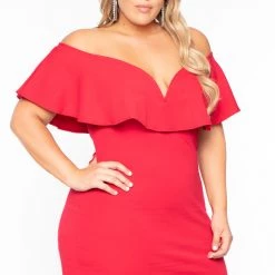 Curvy Sense Plus Size Frill Bodycon Dress - Red Back In Stock