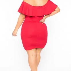 Curvy Sense Plus Size Frill Bodycon Dress - Red Back In Stock