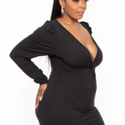 Curvy Sense Plus Size Front Twist Ribbed Dress - Black