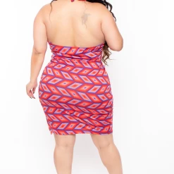 Curvy Sense Dresses Plus Size Geometric Halter Bodycon Dress - Red
