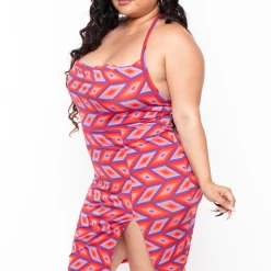 Curvy Sense Dresses Plus Size Geometric Halter Bodycon Dress - Red