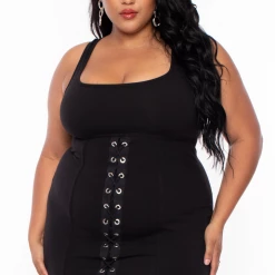 Curvy Sense Plus Size Grommet Bodycon Dress - Black