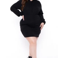 Curvy Sense Plus Size Hali Hoodie Sweatshirt Dress - Black Little Black Styles