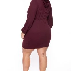 Curvy Sense Plus Size Hali Hoodie Sweatshirt Dress - Burgundy