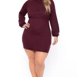 Curvy Sense Plus Size Hali Hoodie Sweatshirt Dress - Burgundy