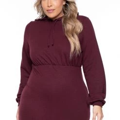 Curvy Sense Plus Size Hali Hoodie Sweatshirt Dress - Burgundy