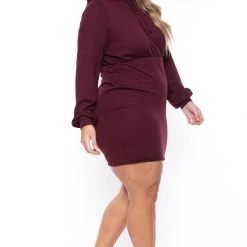 Curvy Sense Plus Size Hali Hoodie Sweatshirt Dress - Burgundy
