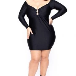 Curvy Sense Plus Size High Sheen O-Ring Dress - Black Little Black Styles