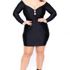 Curvy Sense Plus Size High Sheen O-Ring Dress - Black Little Black Styles