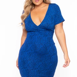 Curvy Sense Plus Size Jacquard Surplice Dress - Blue Dresses