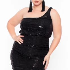 Curvy Sense Little Black Styles Plus Size Jadya Sequin Ruched Dress - Black