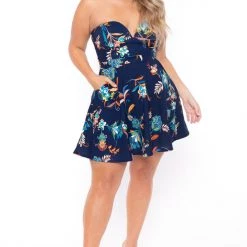 Curvy Sense New Arrivals Plus Size Kaila Floral Dress- Blue