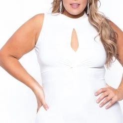 Curvy Sense Plus Size Keyhole Tie Knot Dress- Ivory Back In Stock