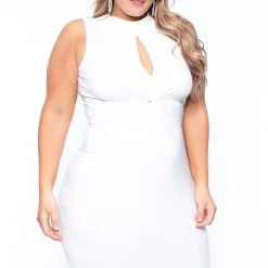 Curvy Sense Plus Size Keyhole Tie Knot Dress- Ivory Back In Stock
