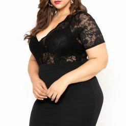 Curvy Sense Plus Size Lace Top Dress - Black