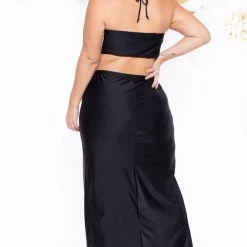 Curvy Sense Party Shop Plus Size Layana Double Slit Dress- Black