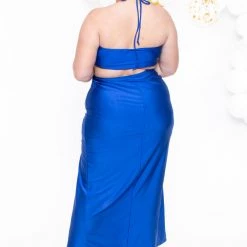 Curvy Sense Plus Size Layana Double Slit Dress- Blue