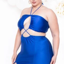 Curvy Sense Plus Size Layana Double Slit Dress- Blue
