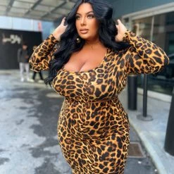 Curvy Sense Plus Size Leopard Bodycon Dress - Brown