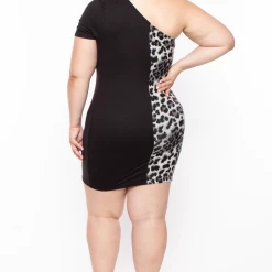 Curvy Sense Plus Size Leopard Half & Half Keyhole Mini Dress - Black Dresses