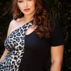 Curvy Sense Plus Size Leopard Half & Half Keyhole Mini Dress - Black Dresses