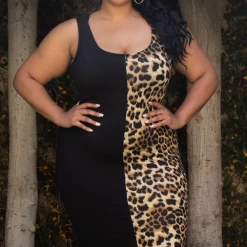 Curvy Sense Dresses Plus Size Leopard Half & Half Tank Bodycon Dress- Black 8 Curvy Sense Dresses Plus Size Leopard Half & Half Tank Bodycon Dress- Black