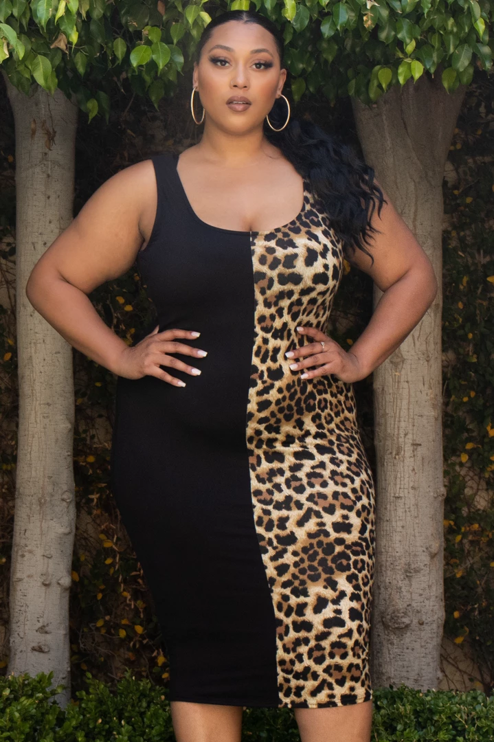 Curvy Sense Dresses Plus Size Leopard Half & Half Tank Bodycon Dress- Black 5 Curvy Sense Dresses Plus Size Leopard Half & Half Tank Bodycon Dress- Black