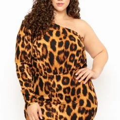 Curvy Sense Plus Size Leopard One Shoulder Dress - Brown Dresses