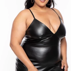 Curvy Sense Plus Size Lorraine Faux Leather Cami Dress - Black Back In Stock