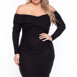 Curvy Sense Plus Size Lydia Off The Shoulder Dress- Black Dresses