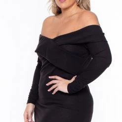 Curvy Sense Plus Size Lydia Off The Shoulder Dress- Black Dresses